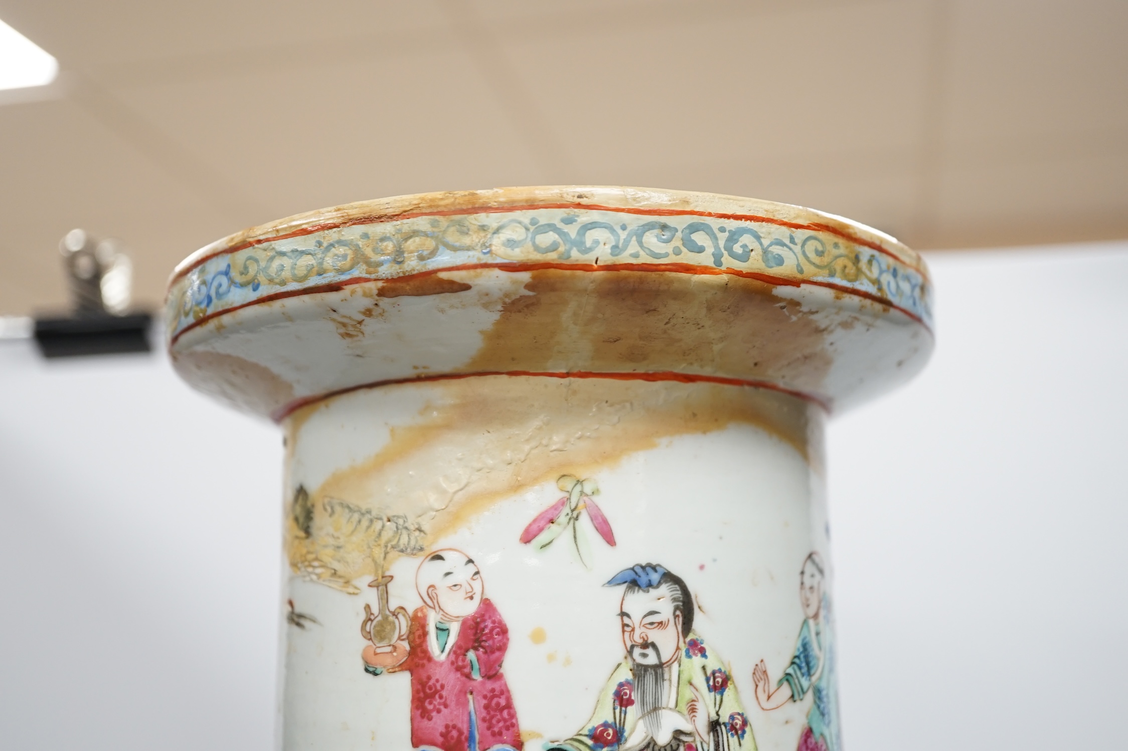 A large 19th century Chinese famille rose rouleau vase, 64cm. Condition - rim and neck have discoloured restored, otherwise fair